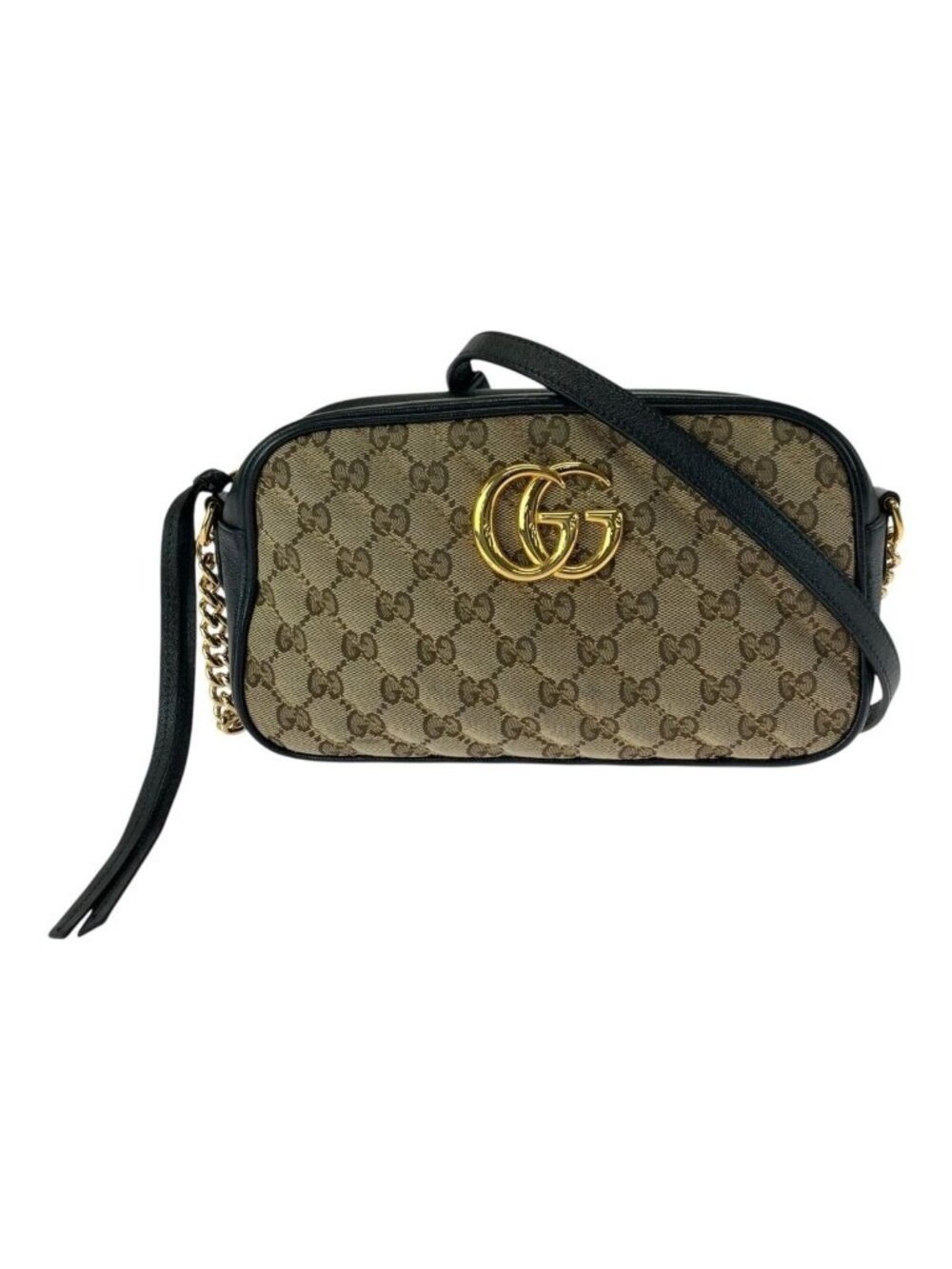 Gucci GG Marmont Brown Black Gold Canvas Leather Shoulder Bag Pochette
